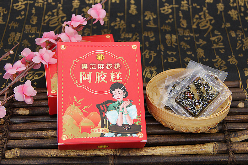 即食阿胶 山东东阿黑芝麻核桃阿胶糕  女士型盒装100g 阿胶糕k - 图0