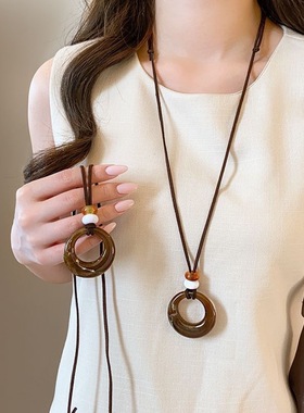 复古美拉德长款棕色圆环吊坠项链