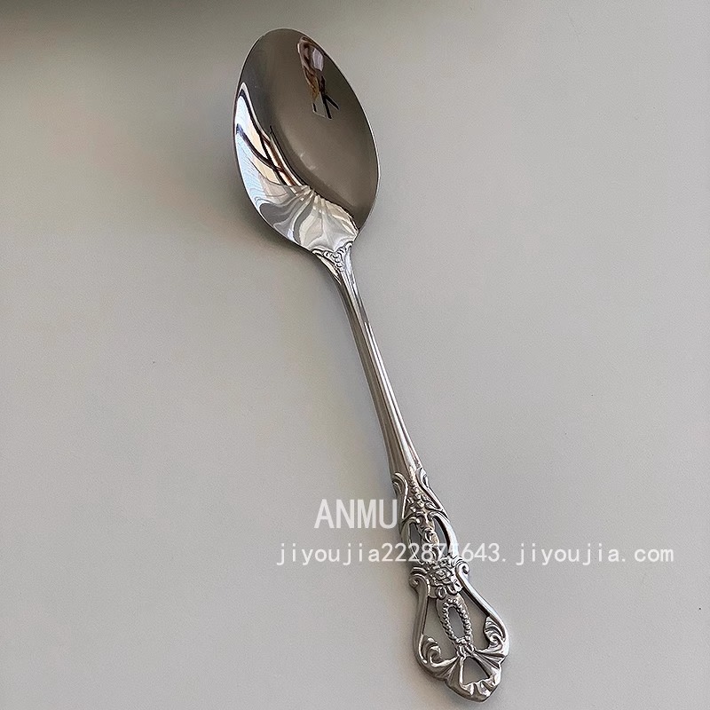 安木良品 宫廷复古ins轻奢浮雕不锈钢刀叉勺子金色银色家用餐具 - 图1