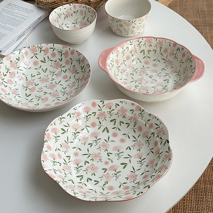 安木良品 春夏清新小粉花高温釉下彩陶瓷家用餐具汤盘面饭碗套装,淘宝优惠券,粉丝福利购,淘宝优惠卷