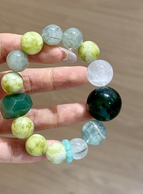 天然绿色系多宝水晶手链岫玉东陵玉绿发晶绿萤石绿草莓奶白晶手串