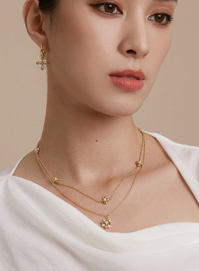 HERBE合璧 五代柿蒂纹样五花四叶草懒人双层项链金色时尚百搭女款