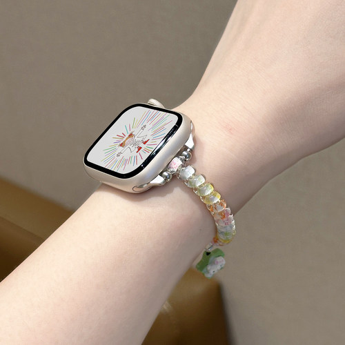 适用applewatch12/11弹力电话线发圈表带iwatch9单圈彩色KT猫吊坠小蛮腰苹果手表10创意皮筋多巴胺细手链女夏 - 图2