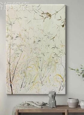 网红厅新中式挂画大芬村中古手丙烯玄客关装饰壁绘肌画抽理象竹子