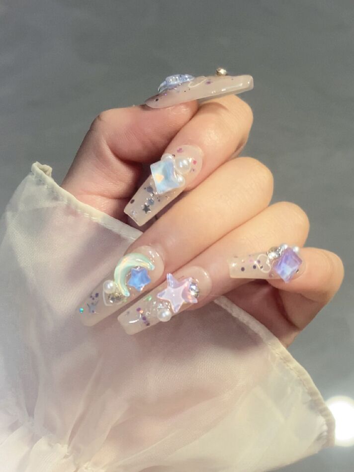手工穿戴甲2025新款冰透蝴蝶星辰仙女落泪春日彩色闪钻长款成品甲 - 图2