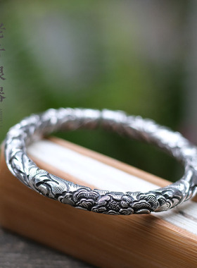 老寸复古风女足银999满雕牡丹