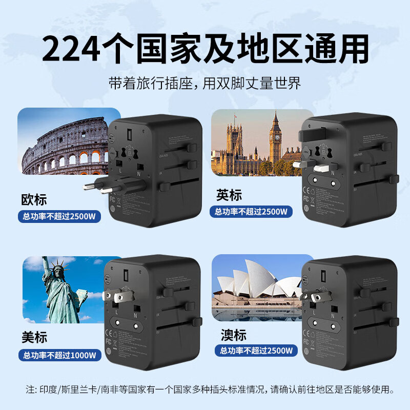 【阿里官方自营】飞利浦转换插头全球通用出国旅行USB插座欧美澳标日本韩港版英标wh