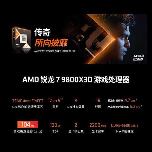 AMD锐龙 7 9800X3D游戏处理器 8核16线程104MB游戏缓存盒装CPU322 - 图0