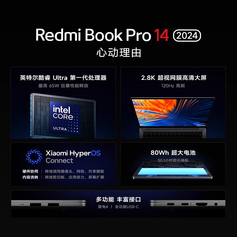 【阿里官方自营】小米笔记本电脑Redmi Book Pro 14/16 2024英特尔酷睿轻薄本学习办公笔记本电脑 - 图0