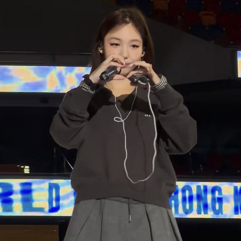 林娜琏同款V领灰色长袖针织衫女春可拆卸设计感上衣宽松套头毛衣 - 图0