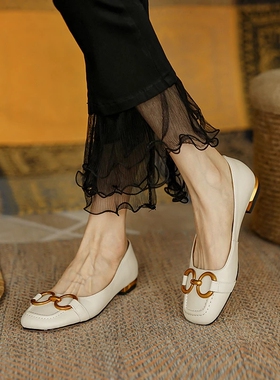 Ladies Flat Shoes Retro Square Toe Leather Loafers for Women