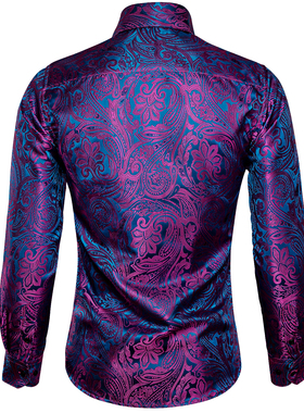 Barry.Wang Luxury Rose Red Paisley Silk Shirts Men Long Slee