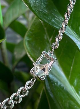 NG斜方白钻吊坠钛钢项链男小众