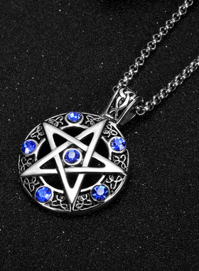 NG复古镶钻五角星吊坠钛钢项链