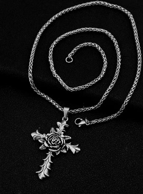 NG绽放玫瑰十字架吊坠钛钢项链男