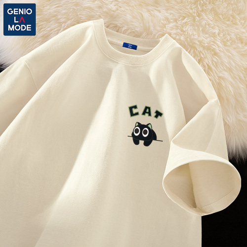 GenioLamode短袖t恤男夏季纯棉日系卡通小猫半袖绿色男士体恤衫