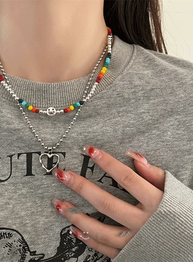 双层叠戴笑脸爱心项链女嘻哈锁骨