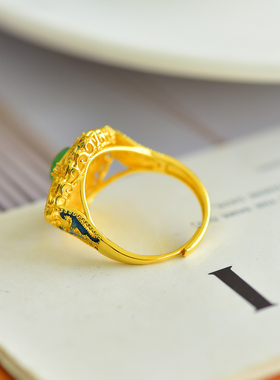 S925银镀18K金镶嵌天然新疆和田玉碧玉小方糖戒指高档时尚指环