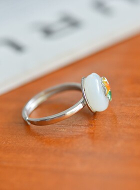 S925银镀18K金镶嵌天然新疆和田玉平安扣戒指高档时尚指环玉石