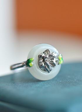 S925银镀18K金镶嵌天然新疆和田玉平安扣戒指高档时尚指环玉石