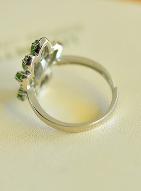 S925银镀18K金镶嵌天然新疆和田玉金枝玉叶戒指高档时尚指环玉石