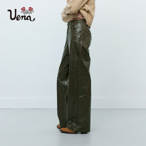 【旧日回响】Uena美式复古中腰显瘦宽松PU皮裤机车风直筒休闲裤女 - 图1