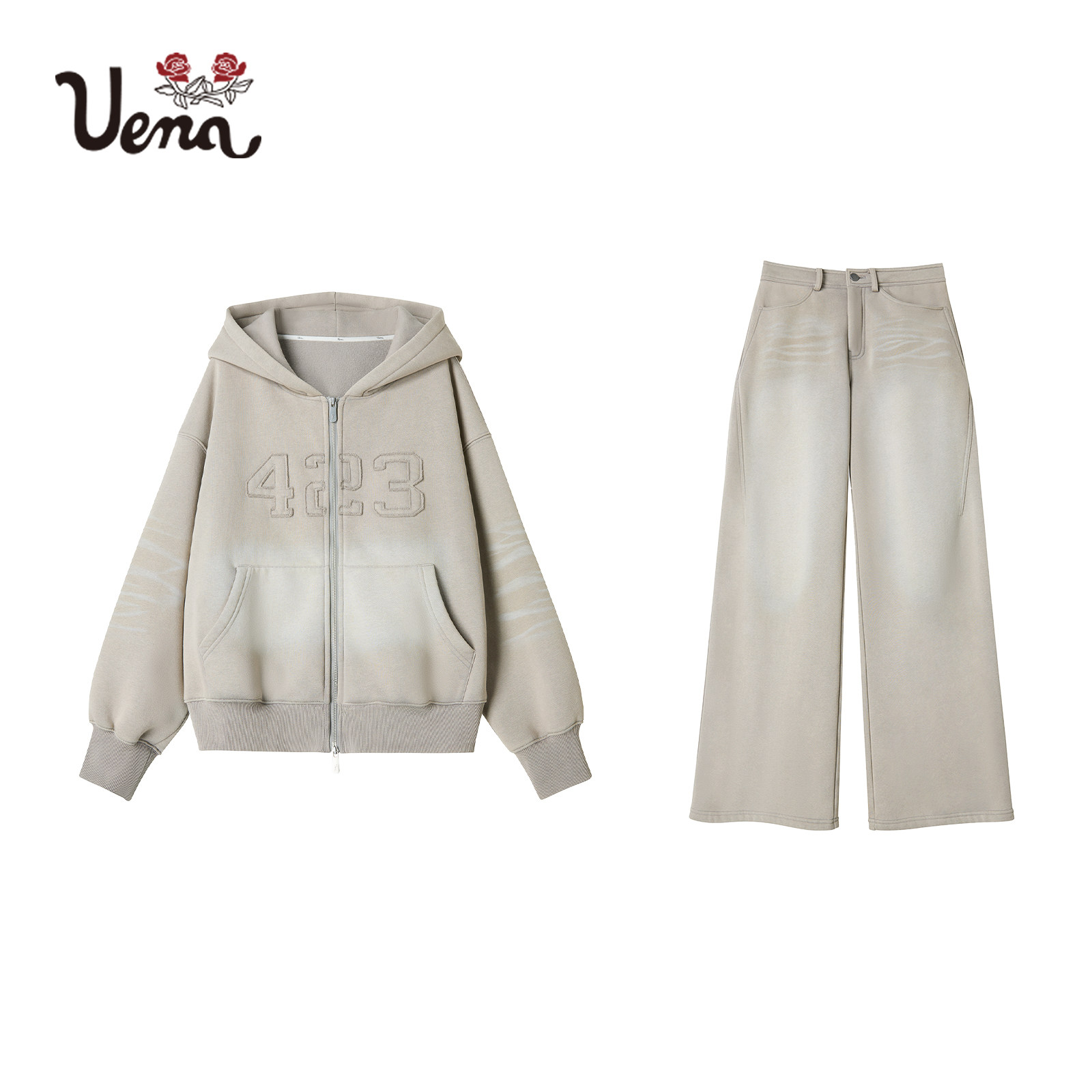 【灰晕压雪】Uena明星同款灰色水洗做旧猫须连帽加绒卫衣卫裤套装,淘宝优惠券,粉丝福利购,淘宝优惠卷