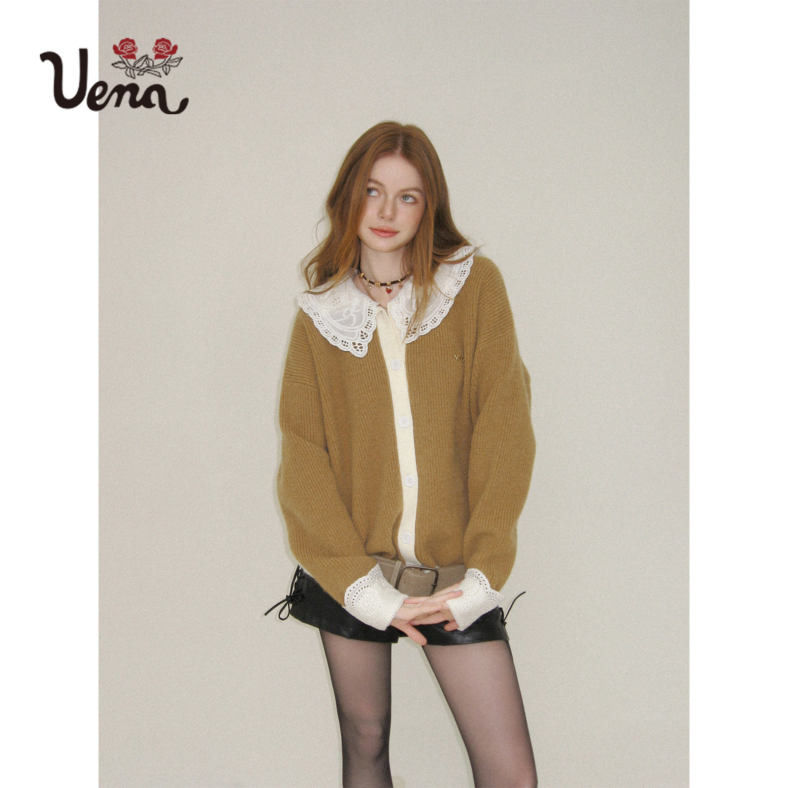 【沉香旷野】Uena美式复古蕾丝花边娃娃领卡其色宽松毛针织开衫女,淘宝优惠券,粉丝福利购,淘宝优惠卷