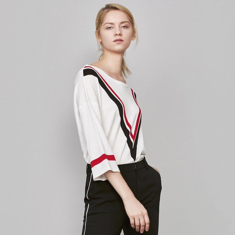 艾格条纹喇叭袖针织衫2023夏季衬衣 艾格旗舰毛针织衫