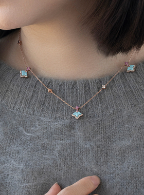 JCJ时装珠宝HighJewelPlay系列925银玫瑰金锆石花形合成松石项链