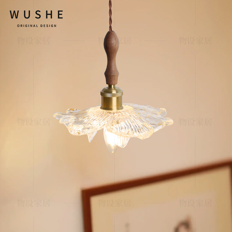 丹桂花瓣法式复古床头吊灯玄关过道小吊灯日式侘寂风胡桃木吊线灯,淘宝优惠券,粉丝福利购,淘宝优惠卷