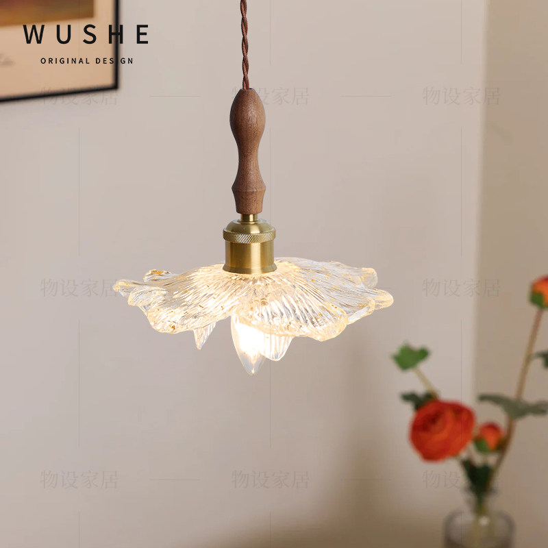 丹桂花瓣法式复古床头吊灯玄关过道小吊灯日式侘寂风胡桃木吊线灯,淘宝优惠券,粉丝福利购,淘宝优惠卷