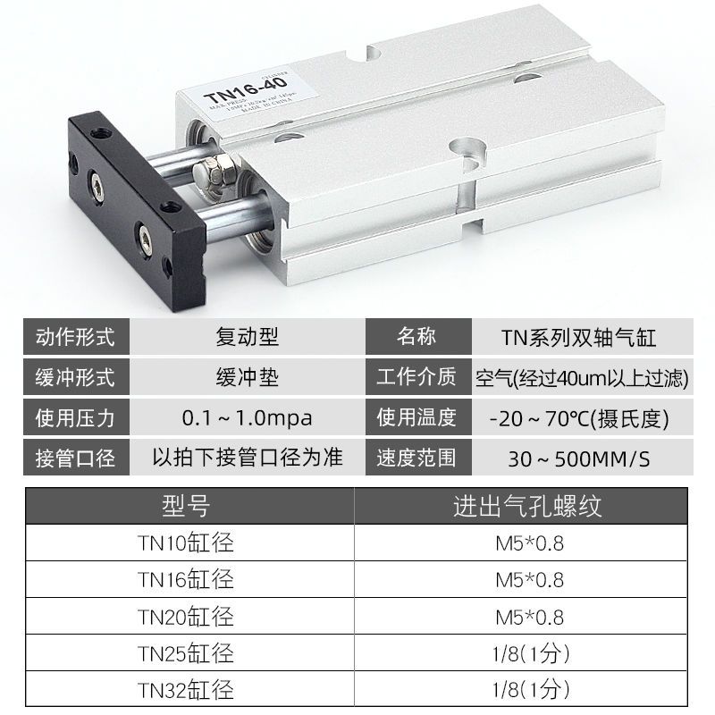 TDA双杆双轴气缸TN16*10X15x20x25x30x40x50x60x70x80x100x150-S - 图2