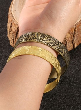 黄铜手镯女士宽边仿古风大莲花