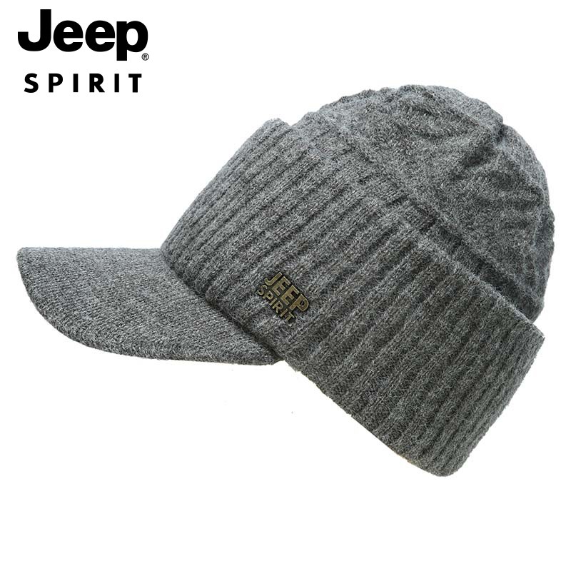 JEEP老人帽子男冬天保暖针织毛线帽中老年爸爸冬季加绒护耳鸭舌帽