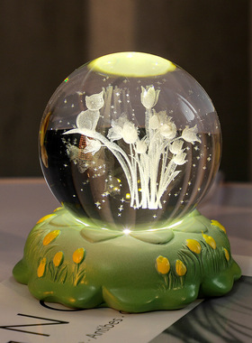 跨境内雕玫瑰康乃馨花朵水晶球小夜灯家居摆件节日送女生生日礼品