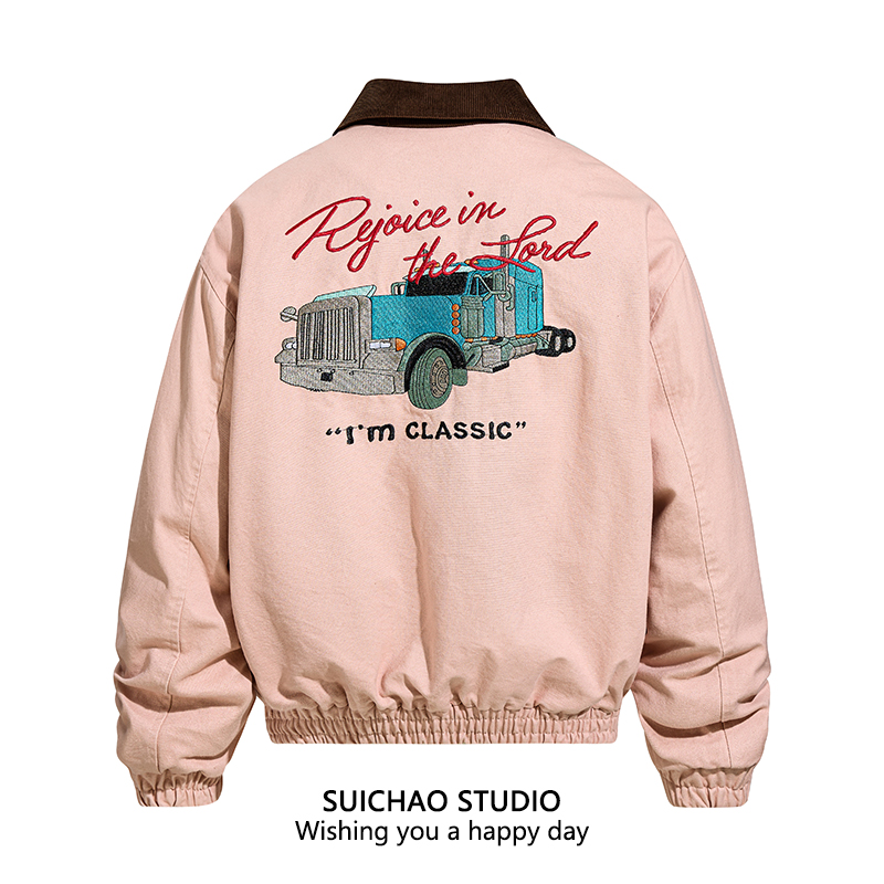 SUICHAO 美式复古风毛内里保暖教练夹克外套休闲古着刺绣宽松棉服 - 图1