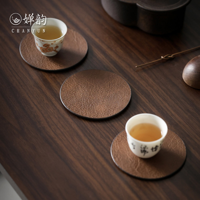 婵韵 五福福容皮革圆形咖啡色杯垫茶垫茶杯垫两片装隔热垫防滑垫,淘宝优惠券,粉丝福利购,淘宝优惠卷