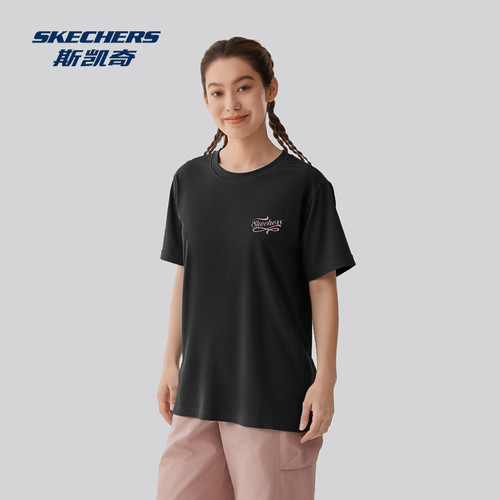 夏季新款斯凯奇官方outlet夏新品女士纯色休闲百搭针织短袖男子 - 图0