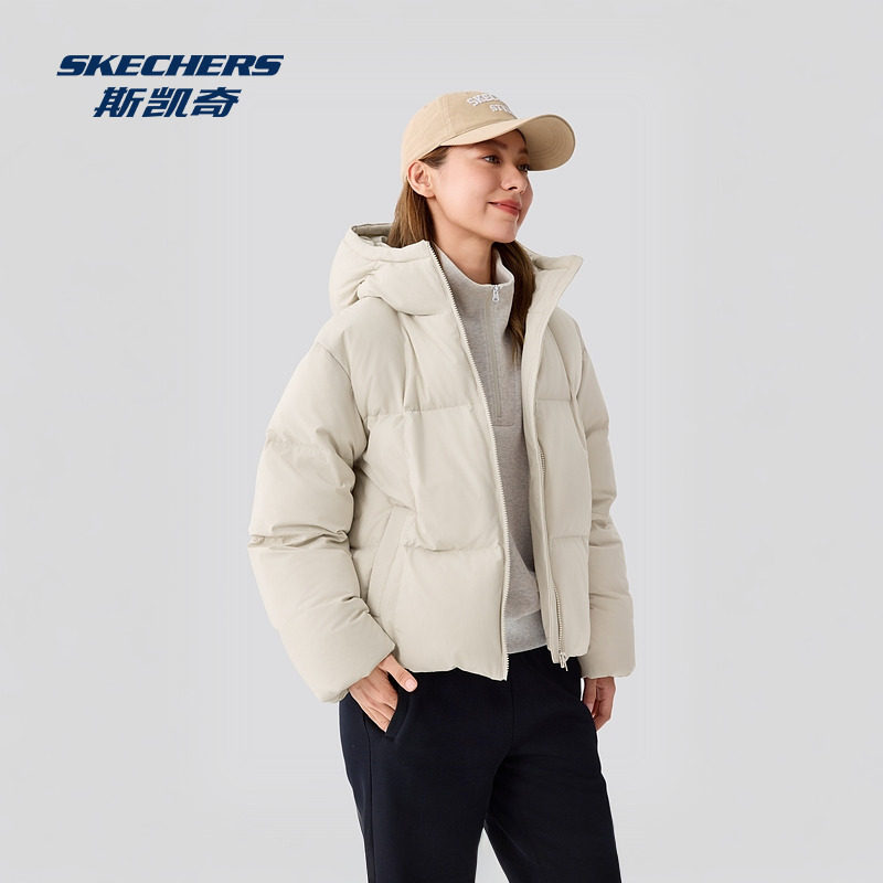 斯凯奇官方outlets 新款连帽女款保暖简约宽松羽绒外套