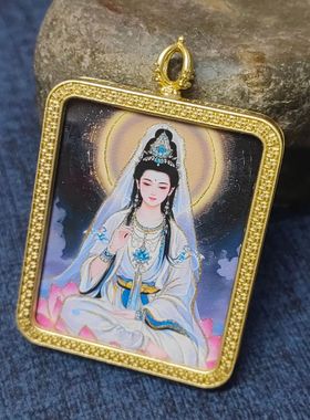 新款半手绘描金唐卡吊坠项链饰品观音地藏王大黑天五路财神送绳子