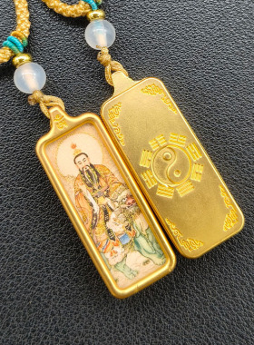 道家景区同款1*3唐卡手绘描金画芯张天师赵公明吊坠白鹤童子项链