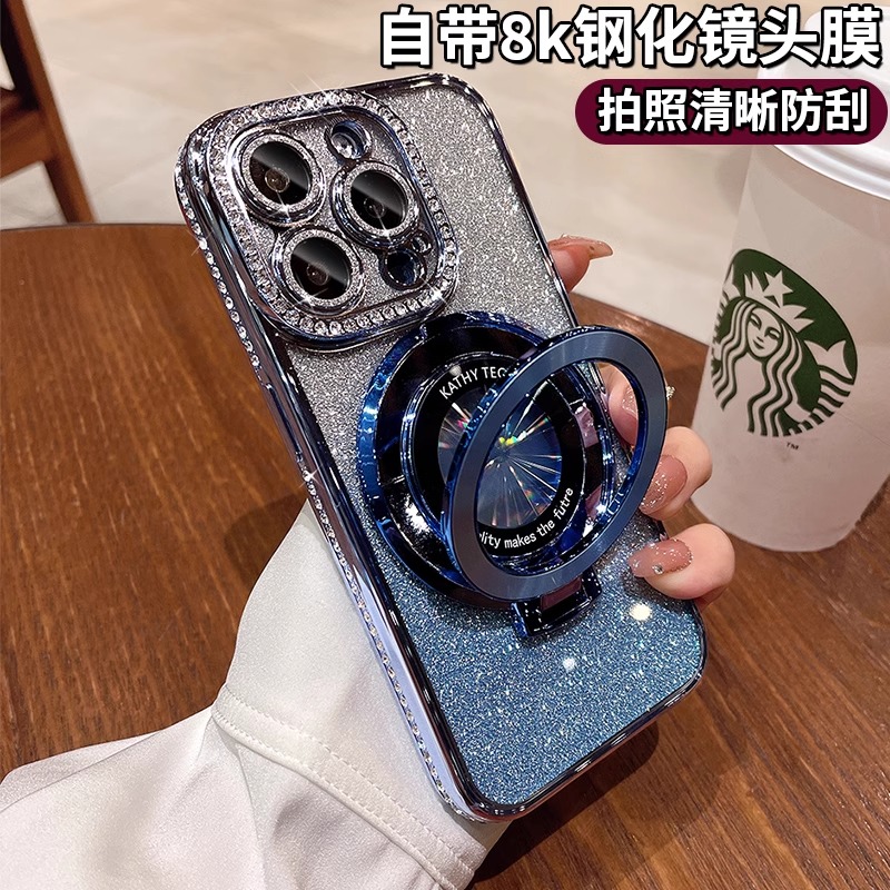 磁吸隐形支架适用苹果15promax手机壳新款iphone14女水钻13pro全包保护套12pm高级感11小众plus带镜头膜超火