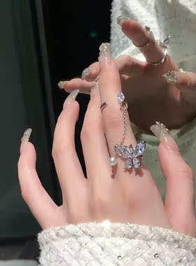 蝴蝶珍珠开口戒指女时尚个性叠带