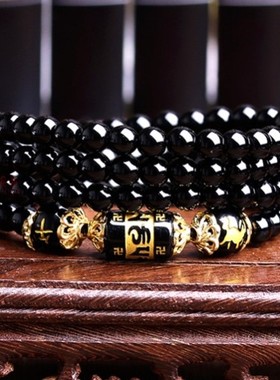 天然黑曜石手链108佛珠好运手串