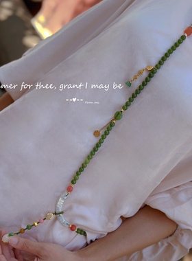 新中式国风复古弯片流苏平安扣粉盐源玛斜挎链背链多圈手串草莓晶