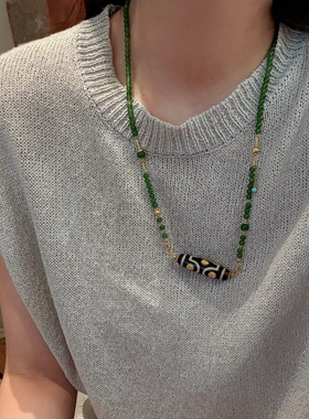 新中式碧绿小米珠复古天珠项链可拆卸多戴毛衣链轻奢高级项链女