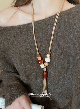 韩国绒亚克力木头串珠流苏项链复古民族风锁骨链小众设计感毛衣链