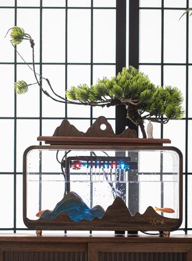 速发创意件型鱼缸小水摆流循环水新中式客厅电视柜桌面家用养鱼缸