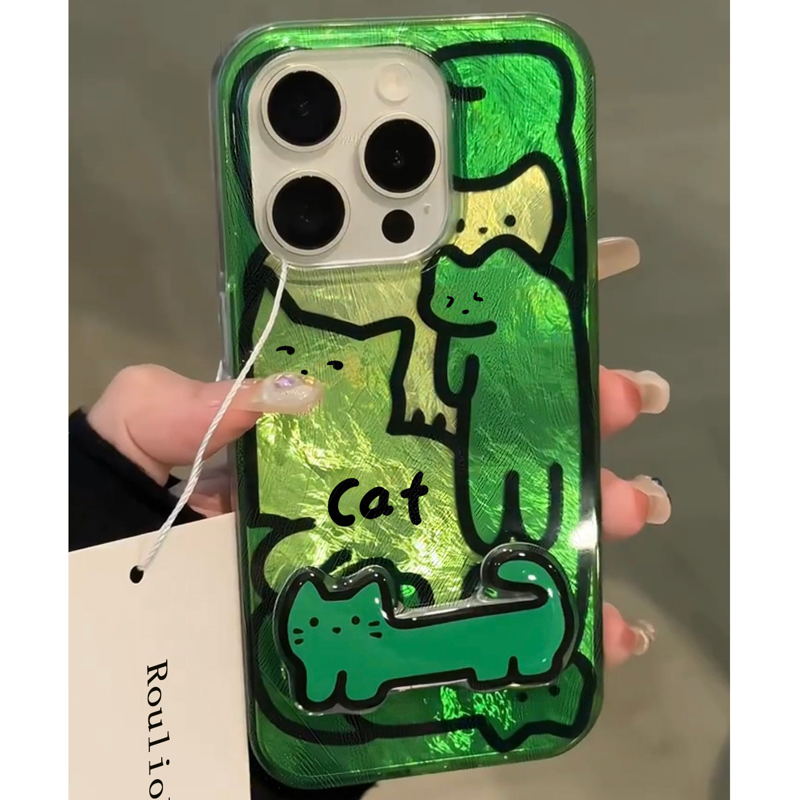 绿色搞怪黑线条猫咪折叠支架适用苹果15手机壳iPhone14promax新款13pro防摔12华为/荣耀/oppo/vivo/小米/iqoo